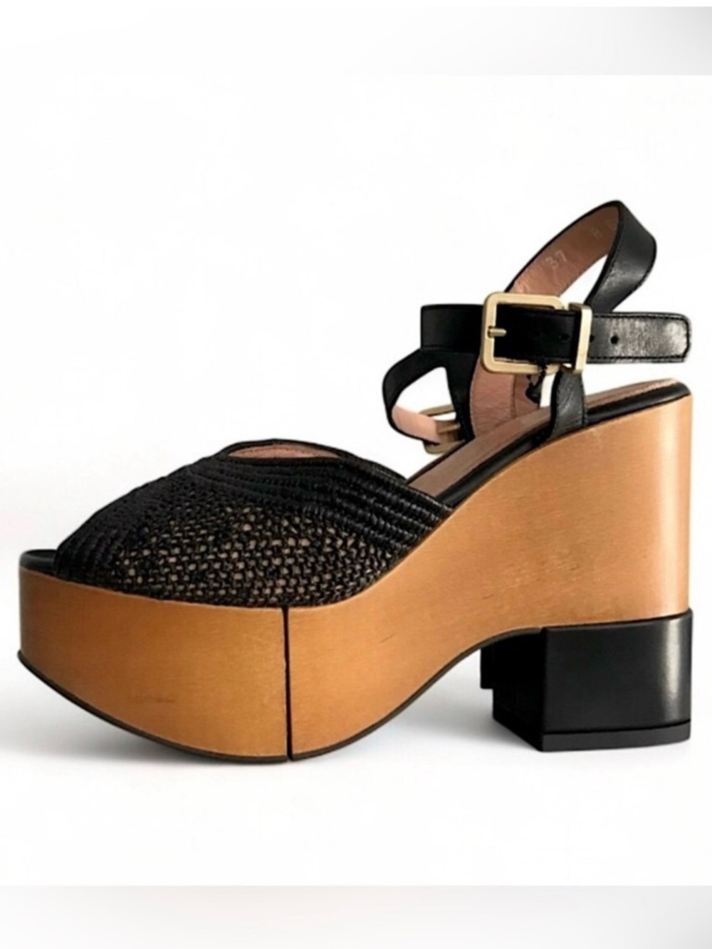 Robert Clergerie Paris Raffia Leather Wood Platform Heel Sandals Size 37|US 6